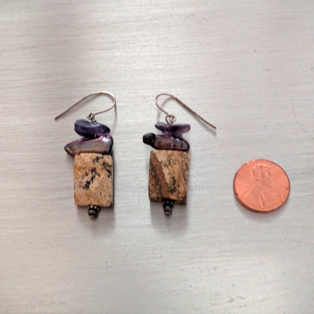 Earrings With Amethyst, Pictured Jasper & Rainbow Crystal/Aura Stone.